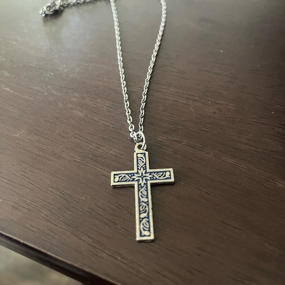 Silver Tone Blue Enameled Cross Necklace - Picture 3 of 6